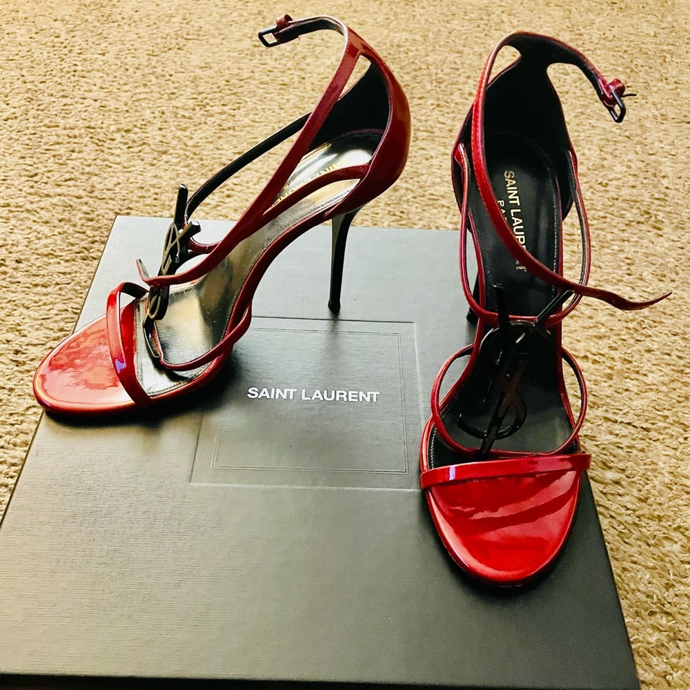Yves Saint Laurent Red Patent Leather Strappy Heels - Picture 5 of 16
